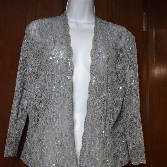 Karen Miller VTG Sequin Blazer L Light Blue Sheer Open Cardigan Glam Beaded - Picture 14 of 16